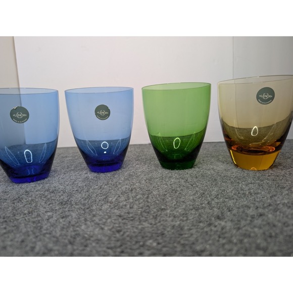 Set Of 4 Assorted Color Lenox Glass Tumbler‎ Glasses Stemless Blue Yellow Green - Picture 2 of 10